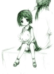 Rule 34 | 1girl, berries (artist), doll, green theme, monochrome, nishida asako, short hair, sitting, solo