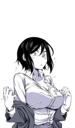 Rule 34 | black hair, blush, breast pocket, breasts, buttons, cleavage, collarbone, collared shirt, dress shirt, embarrassed, greyscale, highres, hitomi-chan wa hitomishiri, jacket, large breasts, monochrome, neck, pocket, removing jacket, shirt, short hair, takano hitomi, tomboy, undressing, white background