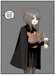 Rule 34 | 1girl, :t, bag, black cape, black skirt, bob cut, border, bread, brown pantyhose, cape, collared cape, cowboy shot, cup, drinking glass, drinking straw, eating, food, from side, gogalking, grey hair, grocery bag, highres, holding, holding bag, holding cup, looking at viewer, looking to the side, medium hair, original, out of frame, pantyhose, paper bag, pleated skirt, red eyes, rosna (gogalking), shopping bag, skirt, solo, spoken animal, standing, white border