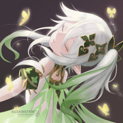 Rule 34 | 1girl, absurdres, cape, child, closed eyes, detached sleeves, dress, genshin impact, gradient hair, green cape, green hair, green sleeves, highres, kuzkinstein, long hair, multicolored hair, nahida (genshin impact), pointy ears, side ponytail, solo, white dress, white hair