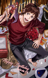 Rule 34 | 1boy, absurdres, ahoge, aran sweater, barefoot, cable knit, cake, cake slice, facial hair, flower, food, goatee, happy birthday, highres, idolmaster, idolmaster side-m, letter, looking at viewer, love letter, male focus, on bed, open mouth, red eyes, red hair, rose, ryeon (gs oik), sitting, smile, sweater, tendo teru