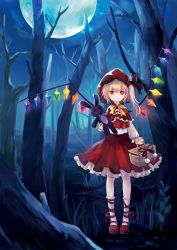 Rule 34 | 1girl, alternate costume, ankle lace-up, bare tree, basket, blonde hair, bow, bowtie, capelet, cosplay, cross-laced footwear, dress, embodiment of scarlet devil, female focus, flandre scarlet, forest, full moon, grimm&#039;s fairy tales, highres, hood, leg ribbon, little red riding hood, little red riding hood (grimm), little red riding hood (grimm) (cosplay), moon, nataku39, nature, night, parody, picnic basket, red eyes, ribbon, short hair, side ponytail, solo, stuffed animal, stuffed rabbit, stuffed toy, touhou, tree, wings