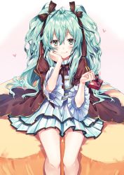 Rule 34 | 1girl, aqua eyes, aqua hair, bare legs, black dress, black ribbon, blush, closed mouth, commentary request, dress, feet out of frame, frilled sleeves, frills, gift, hair ribbon, hand on own cheek, hand on own face, heart, highres, holding, holding gift, long hair, looking at viewer, original, puffy sleeves, ribbon, sitting, solo, tongue, tongue out, twintails, valentine, very long hair, wide sleeves, yuya (night lily)