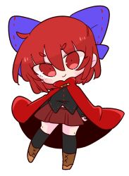Rule 34 | 1girl, black shirt, black thighhighs, blue bow, boots, bow, brown footwear, cloak, disembodied head, dullahan, hair bow, highres, long sleeves, miniskirt, op na yarou, red cloak, red eyes, red hair, red skirt, sekibanki, shirt, short hair, simple background, skirt, smile, solo, thighhighs, touhou, v-shaped eyebrows, white background