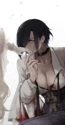 Rule 34 | 2girls, ark royal (azur lane), ark royal (cafe lookout) (azur lane), azur lane, black bra, black choker, black corset, black hair, blood, blood on clothes, blue eyes, bra, bra peek, breasts, choker, cleavage, collared shirt, commentary, corset, english commentary, gloves, highres, kiss, kissing hand, long hair, long sleeves, medium breasts, multiple girls, official alternate costume, pants, purple pants, queen elizabeth (azur lane), queen elizabeth (the queen&#039;s ball) (azur lane), shirt, short hair, simple background, underwear, very long hair, white background, white gloves, y0range