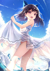 Rule 34 | 1girl, ass, bare arms, bare shoulders, blue bow, blue ribbon, blue sky, bow, brown hair, cloud, commentary request, day, dress, earrings, glint, hair bow, heart, heart earrings, heart print, highres, jewelry, long hair, looking at viewer, moe2018, no panties, ocean, open mouth, original, outdoors, print dress, red eyes, revision, ribbon, see-through, sky, sleeveless, sleeveless dress, solo, wading, water, white dress, yan (nicknikg)