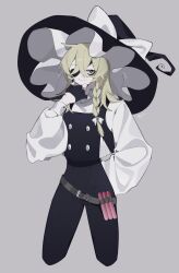 Rule 34 | 1girl, adapted costume, arm behind back, belt, black gloves, black hat, black nails, black pants, black vest, bow, braid, closed mouth, commentary request, cropped legs, eyepatch, fingerless gloves, gloves, grey background, hand on own chin, hat, hat bow, highres, kirisame marisa, long hair, long sleeves, pants, puffy sleeves, single braid, smile, solo, touhou, vest, white bow, witch hat, xx asui, yellow eyes