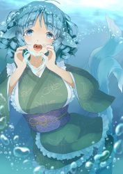 Rule 34 | 1girl, air bubble, blue eyes, blue hair, breasts, bubble, commentary request, drill hair, fins, fish tail, green kimono, head fins, heart, highres, japanese clothes, kagami toufu, kimono, large breasts, mermaid, monster girl, obi, sash, solo, tail, touhou, underwater, wakasagihime