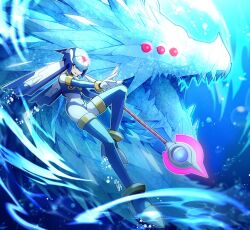 Rule 34 | 1girl, armor, blue armor, blue eyes, crop top, halberd, helmet, highres, holding, holding polearm, holding weapon, ice dragon, fairy leviathan (mega man), mega man (series), mega man zero (series), no-rishio, polearm, tagme, underwater, weapon