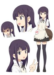 Rule 34 | 1girl, :d, absurdres, apron, black thighhighs, blunt bangs, collared shirt, highres, long hair, looking at viewer, multiple views, open mouth, purple eyes, purple hair, shirt, simple background, smile, thighhighs, v, villdona, wagnaria uniform, white background, working!!, yamada aoi, zettai ryouiki