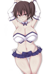 Rule 34 | 10s, 1girl, :o, armpits, arms up, breasts, brown eyes, brown hair, cleavage, female focus, jema, kaga (kancolle), kantai collection, large breasts, miniskirt, navel, panties, side-tie panties, side ponytail, simple background, skirt, solo, underwear, white background, white panties