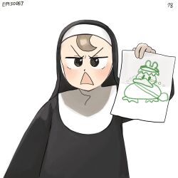 Rule 34 | 1girl, brown hair, child&#039;s drawing, diva (hyxpk), froggy nun (diva), habit, highres, holding, holding paper, numbered, nun, original, paper, simple background, traditional nun, triangle mouth, white background