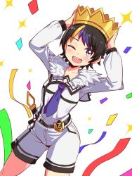 Rule 34 | 1girl, beatus creation, belt, black hair, blue eyes, blush, breasts, cougar (cougar1404), crown, looking at viewer, multicolored hair, one eye closed, open mouth, short hair, shorts, smile, solo, virtual youtuber