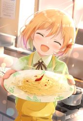 Rule 34 | 1girl, absurdres, akitsune kon, anima yell!, apron, blonde hair, blush, collared shirt, commission, facing viewer, food, hair between eyes, hair ornament, highres, holding, holding plate, mika miche, open mouth, oven mitts, pasta, pixiv commission, plate, pot, shirt, short hair, smile, solo, yellow apron