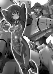 Rule 34 | 1girl, ahoge, antenna hair, armor, arms behind head, arms up, bad id, bad pixiv id, bodysuit, breasts, covered erect nipples, covered navel, dark skin, greyscale, looking at viewer, mecha, monochrome, muv-luv, muv-luv alternative, muv-luv total eclipse, one eye closed, pilot suit, robot, short hair, skin tight, small breasts, smile, tarisa manandal, to-gnaniwa, weapon, white background