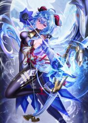 Rule 34 | 1girl, absurdres, ahoge, amos&#039; bow (genshin impact), arrow (projectile), bare shoulders, bell, black gloves, black legwear, blue hair, blush, bow (weapon), breasts, chinese knot, detached sleeves, drawing bow, flower knot, ganyu (genshin impact), genshin impact, gloves, gold trim, high heels, highres, holding, holding arrow, holding bow (weapon), holding weapon, horns, legs, long hair, looking at another, masukudo (hamamoto hikaru), medium breasts, neck bell, orb, pelvic curtain, purple eyes, red rope, rope, sideboob, sidelocks, solo, thighlet, thighs, very long hair, vision (genshin impact), waist cape, weapon, white sleeves