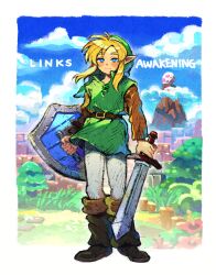 Rule 34 | 1boy, 9twoeight, blonde hair, blue eyes, blush, boots, brown footwear, closed mouth, copyright name, day, full body, highres, holding, holding shield, holding sword, holding weapon, knee boots, link, looking at viewer, nintendo, outdoors, pointy ears, shield, short hair, smile, solo, sword, the legend of zelda, the legend of zelda: link&#039;s awakening, weapon