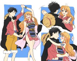 Rule 34 | 1boy, 1girl, black hair, blush, cape, couple, dancing, happy, hat, highres, hug, japanese clothes, kimono, kkmaro, long hair, looking at another, monkey d. luffy, nami (one piece), nami (one piece) (wano), one piece, orange hair, scar, shirt, short hair, shorts, smile, straw hat, tattoo, wide hips