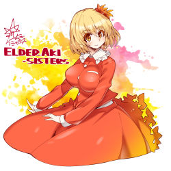 Rule 34 | 1girl, aki shizuha, blonde hair, breasts, buttons, character name, closed mouth, english text, frilled shirt collar, frills, hair ornament, large breasts, leaf hair ornament, long sleeves, looking at viewer, medium hair, orange shirt, orange skirt, shirt, signature, skirt, smile, solo, touhou, umigarasu (kitsune1963), white background, yellow eyes
