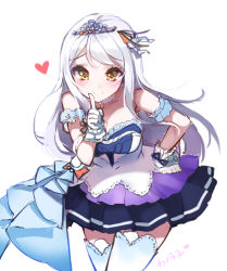 Rule 34 | 10s, 1girl, arm garter, artist name, black ribbon, black skirt, breasts, cleavage, closed mouth, dress, eve santaclaus, eyebrows, frilled gloves, frills, gloves, hair ribbon, hand on own hip, heart, heart-shaped pupils, idolmaster, idolmaster cinderella girls, idolmaster cinderella girls starlight stage, index finger raised, jewelry, kanola u, leaning forward, long hair, looking at viewer, medium breasts, ribbon, simple background, skirt, smile, solo, standing, starry sky bright, symbol-shaped pupils, thighhighs, tiara, very long hair, white background, white gloves, white hair, white thighhighs, yellow eyes, zettai ryouiki