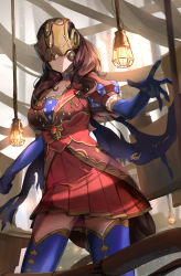Rule 34 | 1girl, blue cape, blue gloves, blue thighhighs, breasts, brown hair, cape, elbow gloves, fate/grand order, fate (series), gloves, hanging light, helmet, highres, hsin, large breasts, leonardo da vinci (fate), long hair, mask, pleated skirt, red skirt, skirt, solo, thighhighs, torn cape, torn clothes, wavy hair