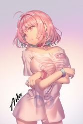 Rule 34 | 1girl, ahoge, aile (crossroads), bare shoulders, blue hair, blush, bracelet, breasts, collar, crossed arms, earrings, fang, hair intakes, heart, idolmaster, idolmaster cinderella girls, jewelry, large breasts, multicolored hair, off-shoulder shirt, off shoulder, pill earrings, pink collar, pink eyes, pink hair, pout, ring, shirt, short hair, short sleeves, simple background, skeleton print, solo, standing, t-shirt, two-tone hair, white shirt, yumemi riamu