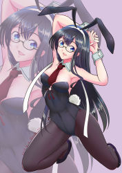 Rule 34 | 1girl, animal ears, arms behind head, arms up, black hair, black leotard, black pantyhose, blue eyes, breasts, commentary request, dated, detached collar, fake animal ears, full body, glasses, hairband, kantai collection, kneeling, leotard, long hair, moke ro, necktie, ooyodo (kancolle), pantyhose, playboy bunny, rabbit ears, rabbit tail, red necktie, semi-rimless eyewear, small breasts, solo, strapless, strapless leotard, tail, twitter username, under-rim eyewear, white hairband, wrist cuffs, zoom layer