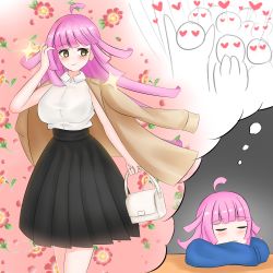 Rule 34 | 1girl, aged up, ahoge, alternate breast size, alternate hair length, alternate hairstyle, bag, black skirt, blue hoodie, blush, breasts, brown jacket, closed eyes, crossed arms, crowd, dreaming, female focus, flower, head rest, heart, heart-shaped pupils, highres, holding, holding bag, hoodie, jacket, large breasts, long hair, looking to the side, love live!, love live! nijigasaki high school idol club, pink hair, short hair, skirt, sleeping, smile, sonproject, symbol-shaped pupils, tennoji rina, thought bubble, yellow eyes