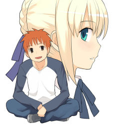Rule 34 | 00s, 1boy, 1girl, artoria pendragon (all), artoria pendragon (fate), black eyes, blonde hair, emiya shirou, face, fate/stay night, fate (series), from side, green eyes, indian style, long sleeves, looking at viewer, looking to the side, nora higuma, orange hair, profile, raglan sleeves, saber (fate), shirt, simple background, sitting, spiked hair, spread legs, t-shirt, white background