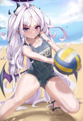Rule 34 | 1girl, absurdres, ahoge, ball, beach, beach volleyball, blue archive, blue sky, blurry, cloud, cloudy sky, collarbone, commentary, demon girl, demon horns, demon wings, depth of field, foot out of frame, forehead, hair ornament, hairclip, halo, highres, hina (blue archive), hina (swimsuit) (blue archive), horizon, horns, kneeling, legs, long hair, looking at viewer, name tag, ocean, official alternate costume, official alternate hairstyle, old school swimsuit, one side up, outdoors, own hands clasped, own hands together, parted bangs, purple eyes, sandals, school swimsuit, sidelocks, sketch, sky, sleeveless, solo, sstthei, sweat, swimsuit, volleyball (object), wavy hair, whistle, whistle around neck, white hair, wings