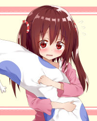 Rule 34 | 10s, 1girl, bad id, bad pixiv id, blush, brown hair, dakimakura (object), ebina nana, flying sweatdrops, highres, himouto! umaru-chan, hugging object, long hair, looking at viewer, necolumbus, nekoronbusu, open mouth, pillow, red eyes, simple background, solo, striped, striped background, stuffed animal, stuffed cat, stuffed toy, twintails, wavy mouth, yuuuuu (magia-mami)