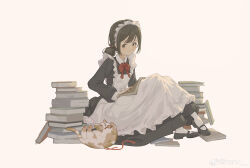 Rule 34 | 1girl, absurdres, apron, artist name, black footwear, black hair, blush, book, book stack, brown hair, cat, closed mouth, full body, hair between eyes, hano 1219, highres, long sleeves, looking down, maid, maid apron, maid headdress, original, ponytail, sidelocks, signature, simple background, sitting, smile, solo
