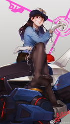 Rule 34 | 1girl, adapted costume, artist name, blue shirt, breast pocket, breasts, brown eyes, brown hair, brown thighhighs, character name, collared shirt, cuffs, d.va (overwatch), facepaint, facial mark, feet, female service cap, full body, gloves, handcuffs, hat, highres, key, long hair, long sleeves, looking at viewer, mecha, medium breasts, meka (overwatch), miniskirt, necktie, no shoes, officer d.va, official alternate costume, one eye closed, overwatch, overwatch 1, pencil skirt, pink lips, pocket, police, police hat, police uniform, policewoman, robot, shirt, signature, simple background, sitting, skirt, smile, soles, solo, squidsmith, striped necktie, striped neckwear, thighhighs, toes, uniform, whisker markings, white background, white gloves