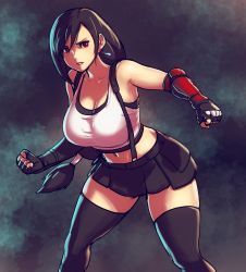 Rule 34 | 1girl, armpits, bare shoulders, black hair, black skirt, black thighhighs, breasts, cleavage, earrings, elbow gloves, elbow pads, erkaz, feet out of frame, final fantasy, final fantasy vii, final fantasy vii remake, fingerless gloves, gloves, hair between eyes, highres, jewelry, large breasts, leaning forward, long hair, low-tied long hair, midriff, miniskirt, navel, parted lips, pencil skirt, pleated skirt, red eyes, shirt, skirt, solo, suspender skirt, suspenders, tank top, taut clothes, taut shirt, thighhighs, tifa lockhart, white tank top, zettai ryouiki