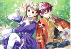 Rule 34 | 1boy, 1girl, brown eyes, brown hair, closed eyes, crown, dress, flower, green background, green shorts, head wreath, jude maverick, official art, ooba wakako, open mouth, pantyhose, pink hair, purple dress, shorts, smelling, smile, white pantyhose, wild arms, wild arms 4, yulie ahtreide