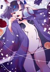 Rule 34 | 1girl, breasts, covered erect nipples, eyebrows, fate/grand order, fate (series), food, fruit, gourd, grapes, horns, japanese clothes, kimono, lying, navel, on back, oni, open clothes, open kimono, peach, purple eyes, purple hair, revealing clothes, short hair, shuten douji (fate), shuten douji (first ascension) (fate), small breasts, solo, tongue, tongue out, yakan (kusogaki teikoku)