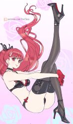 Rule 34 | 1girl, black bra, bow, bra, breasts, earrings, flexible, gloves, hair ribbon, high heels, highres, jewelry, lace, lace-trimmed bra, lace-trimmed panties, lace trim, leg up, lingerie, long hair, looking at viewer, medium breasts, panties, persona, persona 5, persona 5 the royal, poechan chan, ponytail, red eyes, red gloves, red hair, ribbon, smile, solo, stud earrings, thighhighs, underwear, underwear only, yoshizawa kasumi