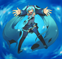 Rule 34 | bad id, bad pixiv id, boots, closed eyes, fujitsuna, hatsune miku, long hair, outstretched arms, solo, spread arms, thigh boots, thighhighs, twintails, upskirt, very long hair, vocaloid, zettai ryouiki