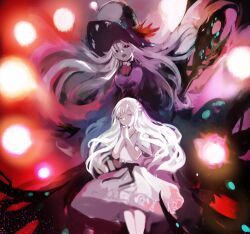 Rule 34 | 2girls, attack, black sclera, closed eyes, colored sclera, dark witch eleine, dress, ender lilies quietus of the knights, grey hair, hat, highres, holding, holding staff, kakuwashi, lily (ender lilies), long hair, magic, multiple girls, open mouth, own hands clasped, own hands together, purple dress, purple hat, red eyes, sketch, staff, white dress, white hair, witch, witch hat