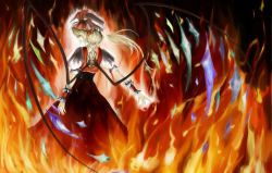 Rule 34 | 1girl, blonde hair, female focus, fire, flandre scarlet, from behind, hat, looking back, ponytail, ross (clumzero), solo, standing, touhou, wallpaper, wings, wrist cuffs