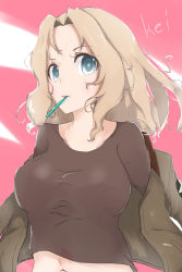 Rule 34 | 10s, 1girl, absurdres, blonde hair, blue eyes, breasts, character name, girls und panzer, highres, jacket, jacket off shoulders, kay (girls und panzer), large breasts, looking at viewer, messy hair, midriff, miyabi mocchi, navel, off shoulder, pink background, sketch, solo, tank top