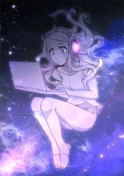 Rule 34 | 1girl, :|, barefoot, closed mouth, collarbone, computer, fetal position, floating, floating hair, focused, headphones, laptop, leggings, long hair, meago, messy hair, monochrome, off shoulder, original, pantyhose, plantar flexion, shirt, signature, solo, space, star (sky), star (symbol), starry background, t-shirt, tareme, toeless legwear, toes, transparent, typing
