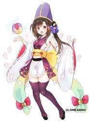 Rule 34 | akina tsukako, apron, ball, bell, black footwear, black thighhighs, blue bow, blush, bow, breasts, brown hair, cloud print, detached sleeves, full body, hair bow, hair rings, hat, jingle bell, long hair, looking at viewer, navel, obi, official art, purple hat, red eyes, sash, sennen sensou aigis, shikigami, simple background, small breasts, smile, solo, standing, tate eboshi, thighhighs, white background, wide sleeves, wristband
