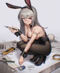 Rule 34 | 1girl, absurdres, animal ears, barcode, barcode tattoo, bare shoulders, bilibili xiaolu, black collar, black pantyhose, blush, bow, bowtie, boxcutter, breasts, cleavage, collar, detached collar, eraser, fake animal ears, glasses, grey hair, hair ornament, hairclip, high heels, highres, leotard, long hair, looking at viewer, medium breasts, original, pantyhose, pencil, playboy bunny, rabbit ears, rabbit tail, red-framed eyewear, red eyes, ruler, simple background, solo, squatting, strapless, strapless leotard, tail, tattoo, wrist cuffs