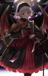 Rule 34 | 1girl, absurdres, amahara subaru, ascot, backlighting, black bow, black dress, black hairband, blunt bangs, bow, bow (music), commentary request, cross, demon wings, dress, feet out of frame, frills, hairband, highres, holding, holding instrument, holding violin, instrument, light particles, lolita hairband, long sleeves, looking at viewer, music, music stand, original, paper, parted lips, playing instrument, pointy ears, red dress, red eyes, red wings, short hair, silver hair, smile, solo, standing, two-tone dress, violin, white ascot, wings