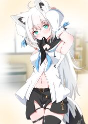 Rule 34 | 1girl, absurdres, ahoge, animal ear fluff, animal ears, armpits, black shorts, black thighhighs, blue neckerchief, blurry, blurry background, blush, bow, braid, breasts, commentary request, detached sleeves, ekaki mato, fox ears, fox girl, fox tail, green eyes, hair between eyes, hair bow, highres, hololive, hood, hoodie, indoors, long hair, looking at viewer, midriff, mouth hold, navel, neckerchief, pentagram, ribbon, ribbon in mouth, shirakami fubuki, shirakami fubuki (1st costume), short shorts, shorts, sidelocks, single braid, single thighhigh, small breasts, solo, tail, thigh strap, thighhighs, tying hair, virtual youtuber, white hair, white hoodie