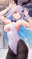 Rule 34 | 1girl, animal ears, armpits, bare shoulders, black hairband, black pantyhose, blue hair, blunt bangs, blush, bow, bowtie, breasts, chandelier, colored inner hair, covered navel, detached collar, fake animal ears, hair ornament, hairband, hairclip, highleg, highleg leotard, highres, indoors, kashiwagi touko, large breasts, leotard, lize helesta, long hair, looking at viewer, multicolored hair, nijisanji, pantyhose, playboy bunny, purple eyes, rabbit ears, rabbit pose, solo, strapless, strapless leotard, sweatdrop, thighband pantyhose, traditional bowtie, two-tone hair, very long hair, virtual youtuber, white hair, wing collar, wrist cuffs