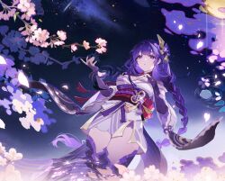 Rule 34 | 1girl, absurdres, blunt bangs, braid, cherry blossoms, genshin impact, hair ornament, hand on own chest, hand up, highres, japanese clothes, long hair, looking at viewer, looking down, mitsudomoe (shape), mole, mole under eye, moon, night, night sky, purple eyes, purple hair, purple nails, raiden shogun, reflection, reflective water, ripples, single braid, sky, solo, star (sky), starry sky, tomoe (symbol), tree00227