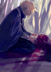Rule 34 | 2boys, bare tree, black cape, black pants, blonde hair, blood, cape, cezaria, covered eyes, covered mouth, death, feet out of frame, from side, giotto (reborn), highres, jewelry, katekyo hitman reborn!, looking down, lying, male focus, multiple boys, on back, pants, pinstripe pants, pinstripe pattern, portrait, profile, reaching, red hair, ring, seiza, shirt, simon cozzato, sitting, spiked hair, striped, tree, twitter username, white shirt