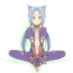 Rule 34 | 1girl, animal ears, blue hair, blush stickers, cat ears, cat tail, closed mouth, feet, fingerless gloves, full body, gloves, green eyes, highres, kaien advance, long hair, looking at viewer, low twintails, meracle chamlotte, navel, simple background, smile, solo, star ocean, star ocean the last hope, tail, thighhighs, twintails, white background